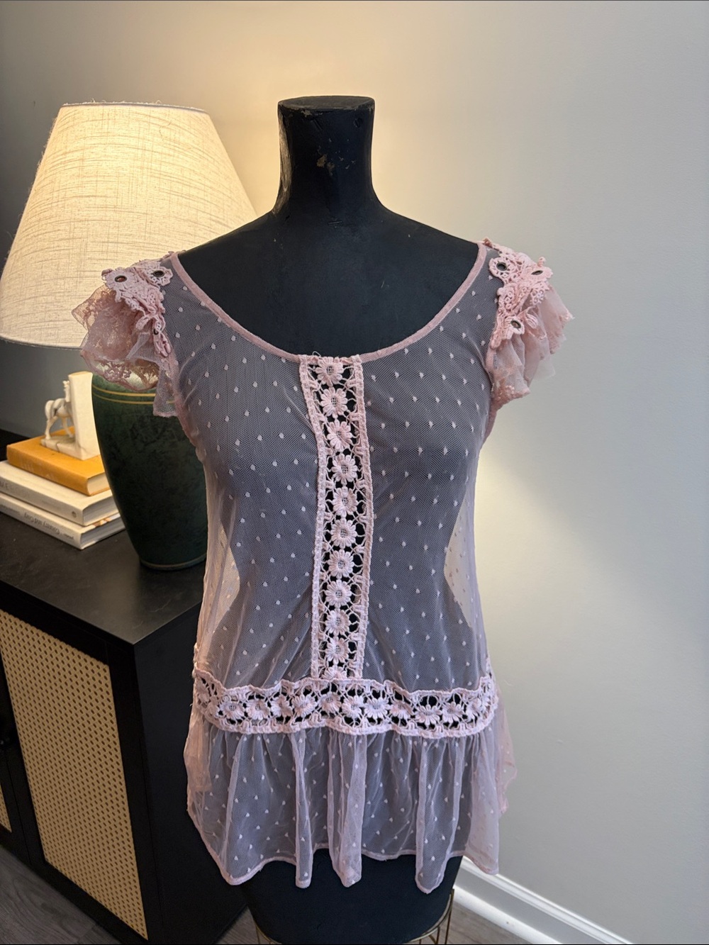 Double Zero Coquette Fairy Blush Pink Sheer Mesh Lace Blouse Size Small Romantic
